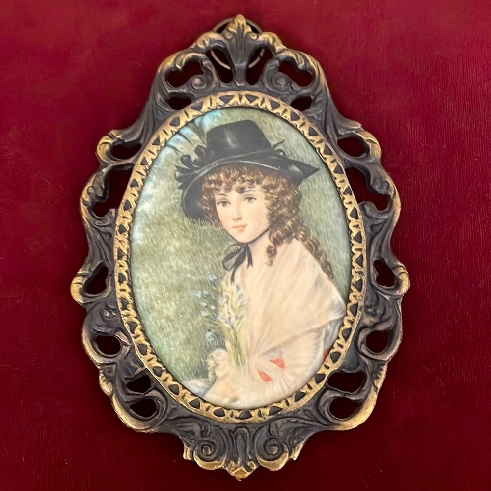 Vintage Silk Print In Brass Frame